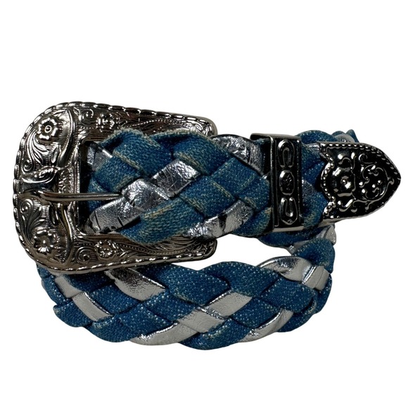Accessories - Western Braided Denim Silver Metallic Belt Buckle Blue Coastal boho festival